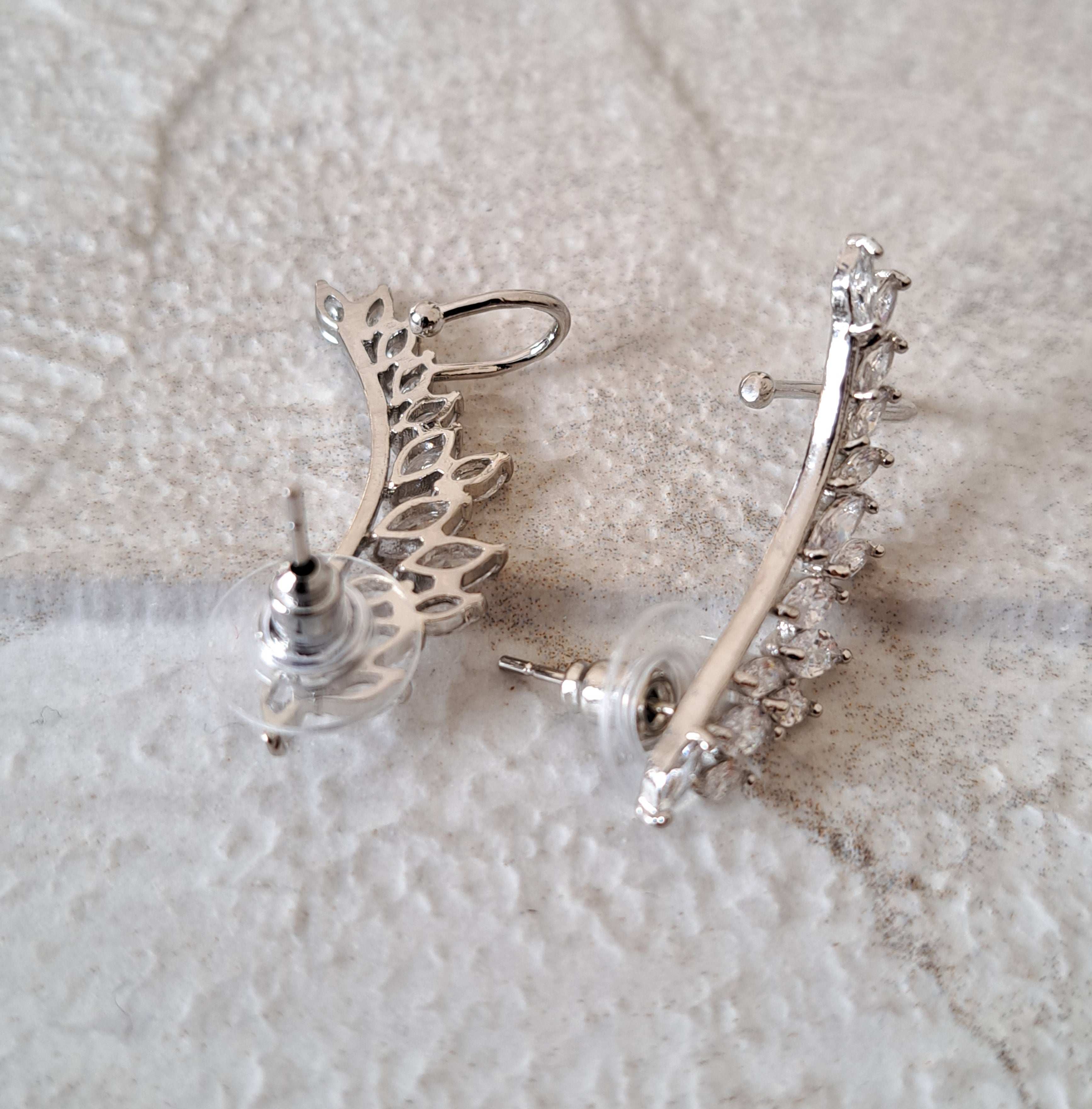 Silver Leaf Swarovski Crystal Wing Climber Earrings