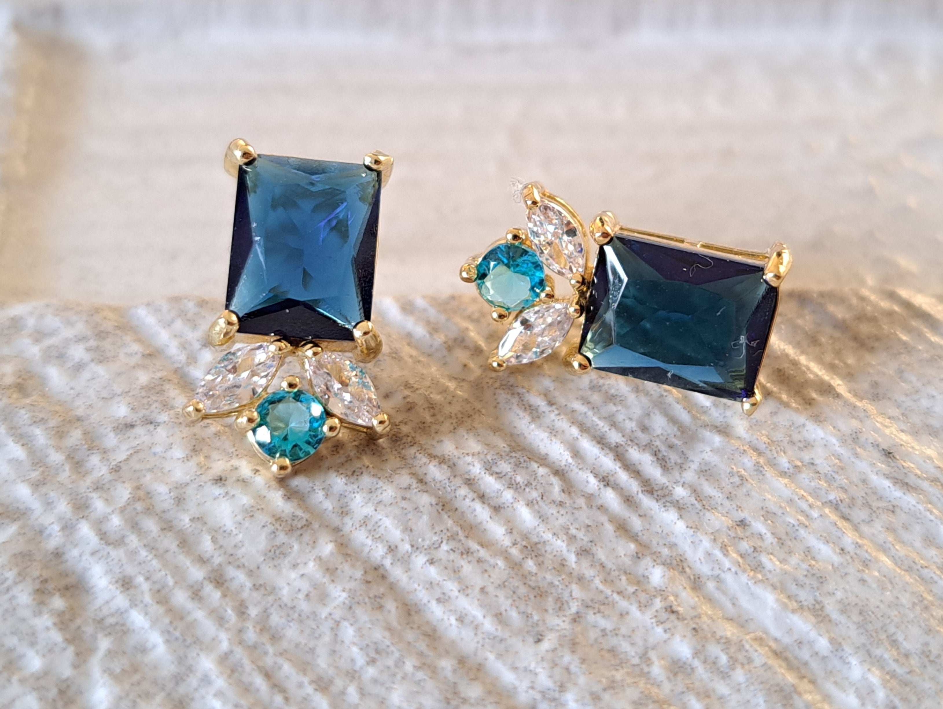 Gold Rectangle Aqua Blue Swarovski Crystal Earrings