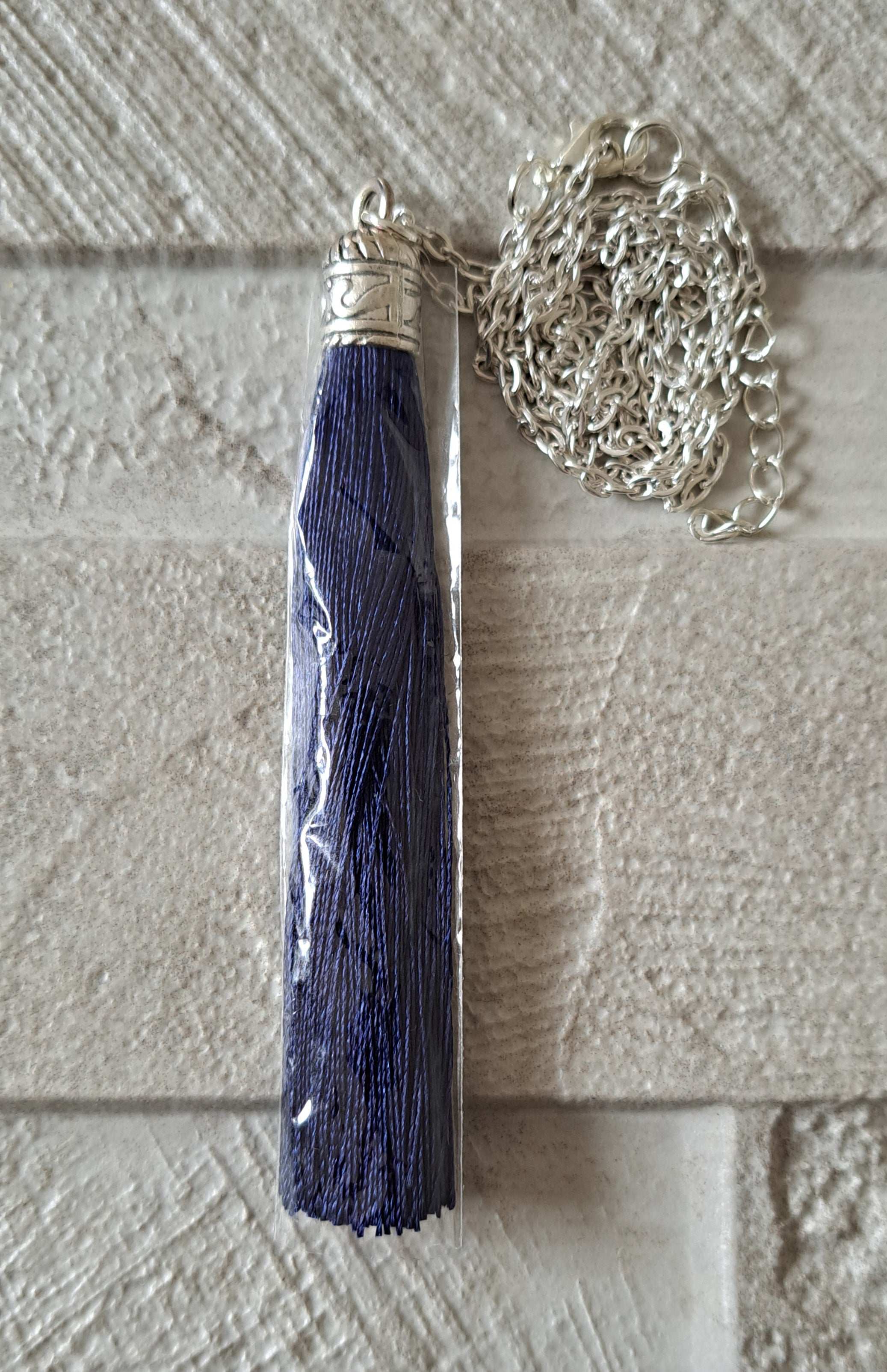 Navy Silver Silk Tassel Long Drop Necklace