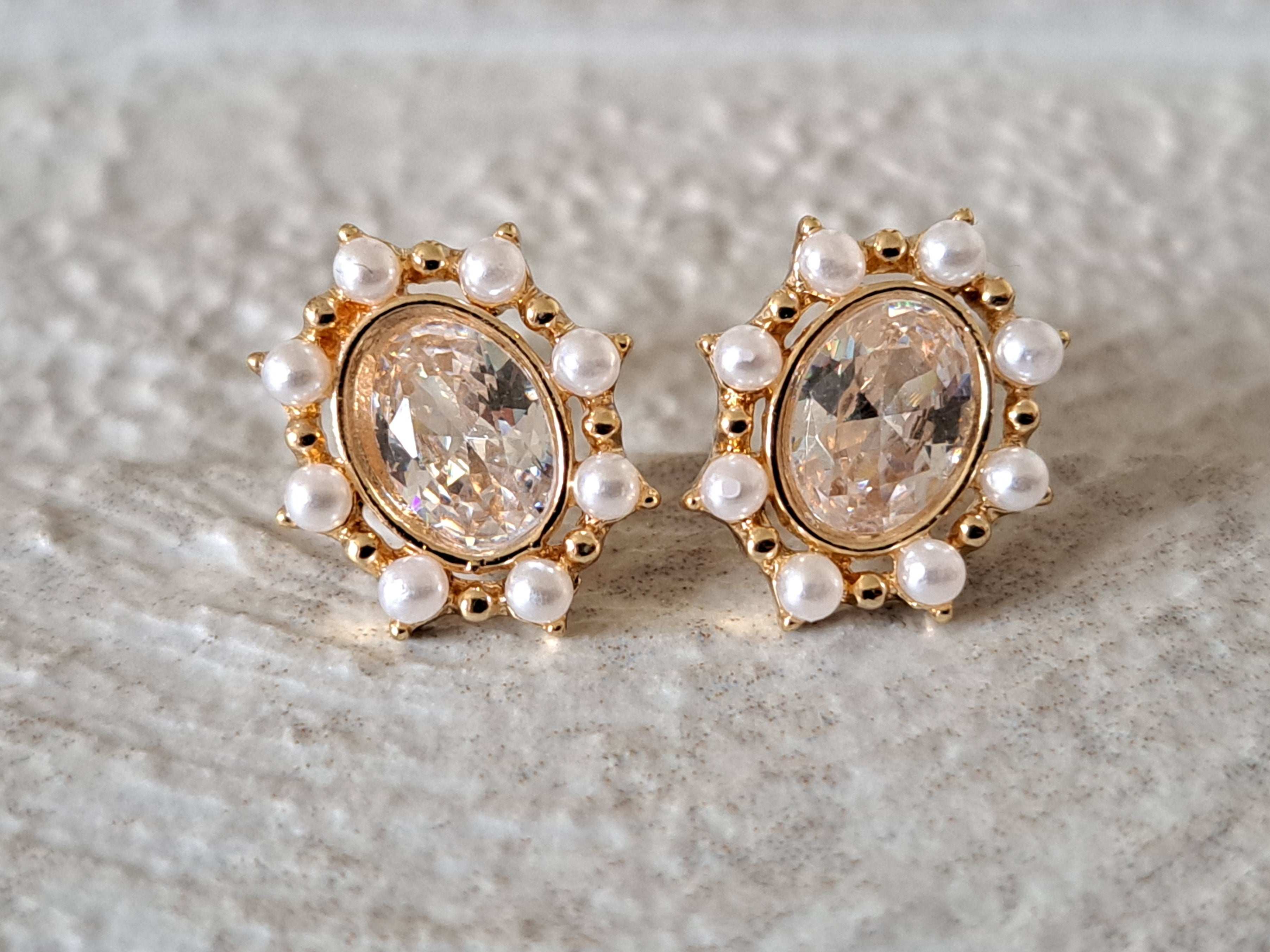 Gold Oval White Pearl Swarovski Crystal Earrings