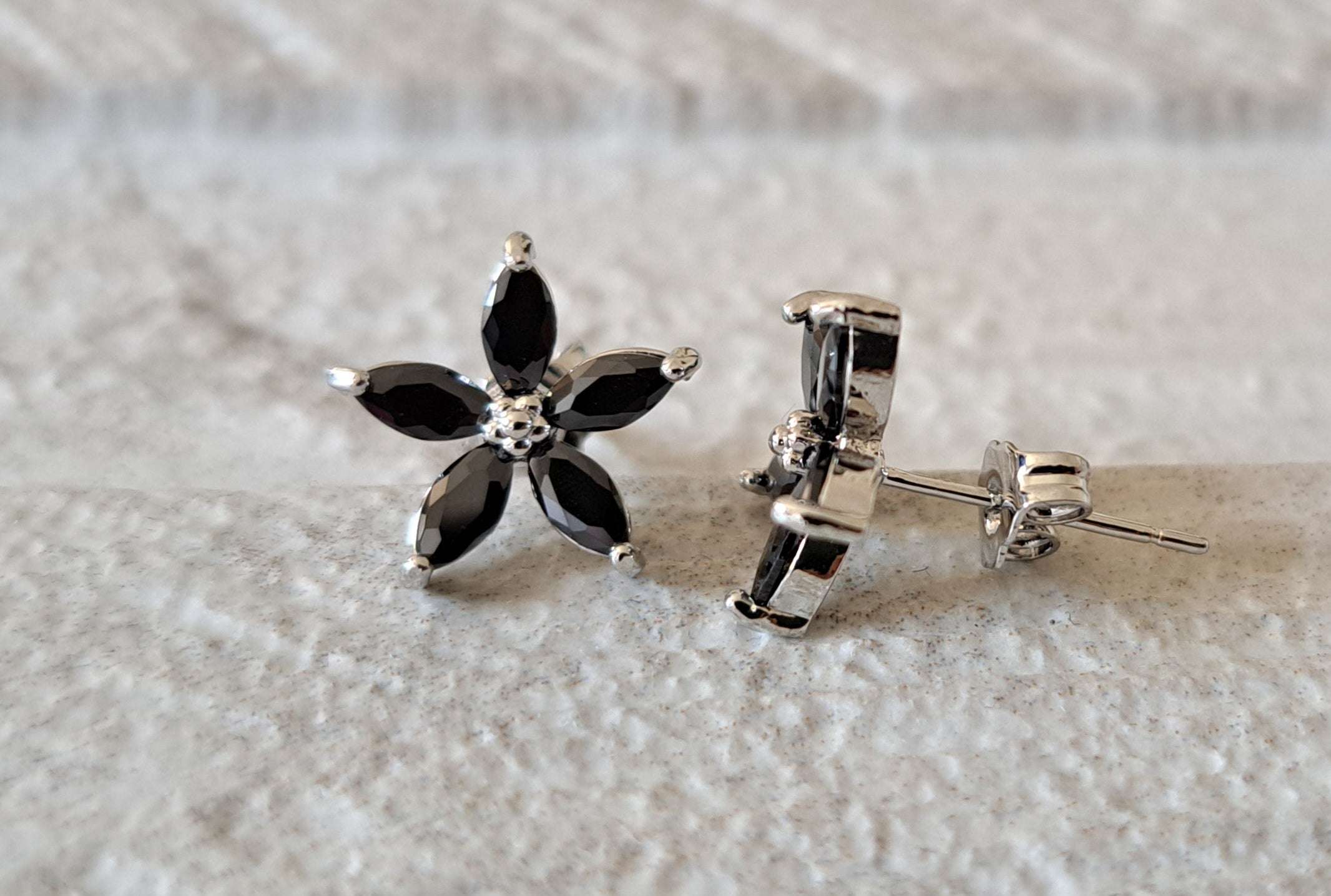 Black Silver Flower Star Swarovski Crystal Earrings