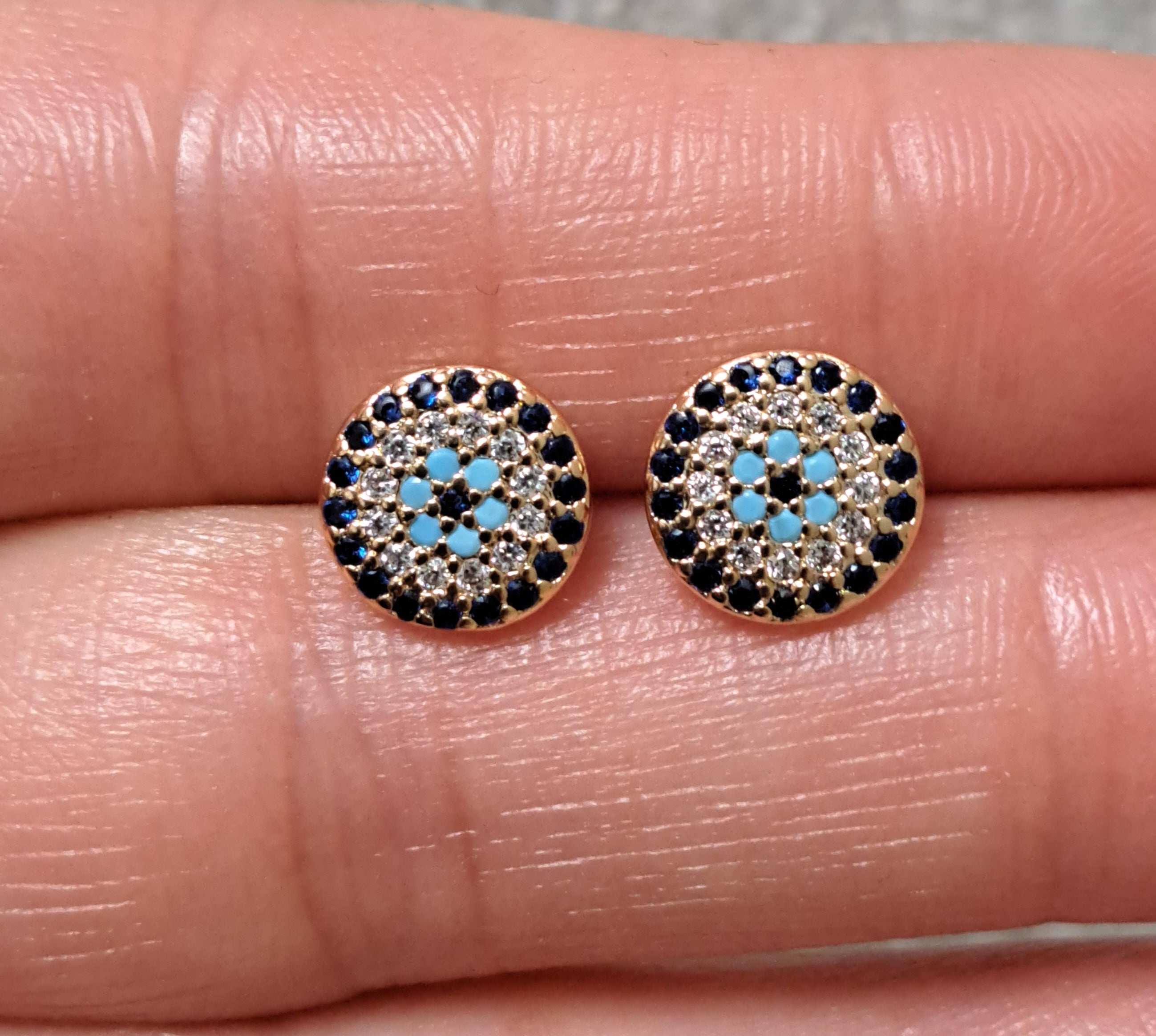 Gold Round Evil Eye Swarovski Crystal Small Stud Earrings