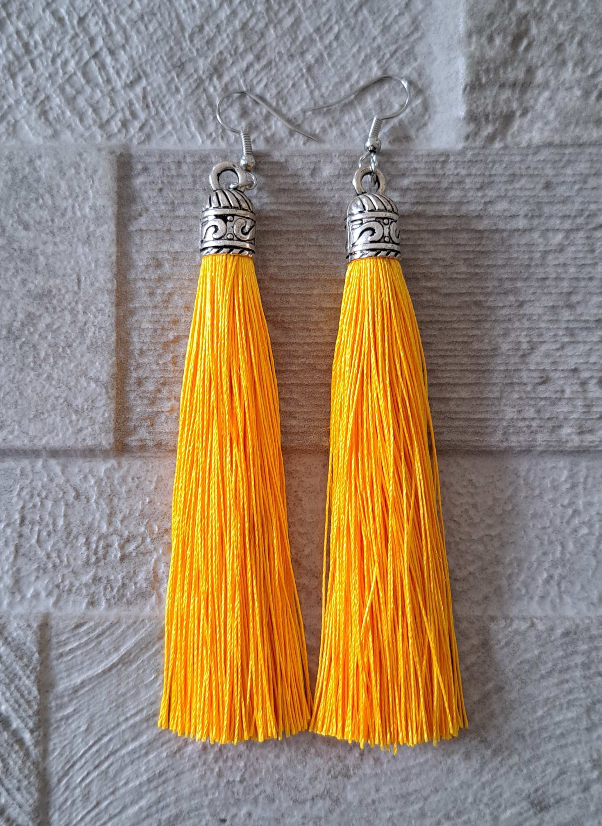 Yellow Silver Silk Tassel Long Drop Earrings