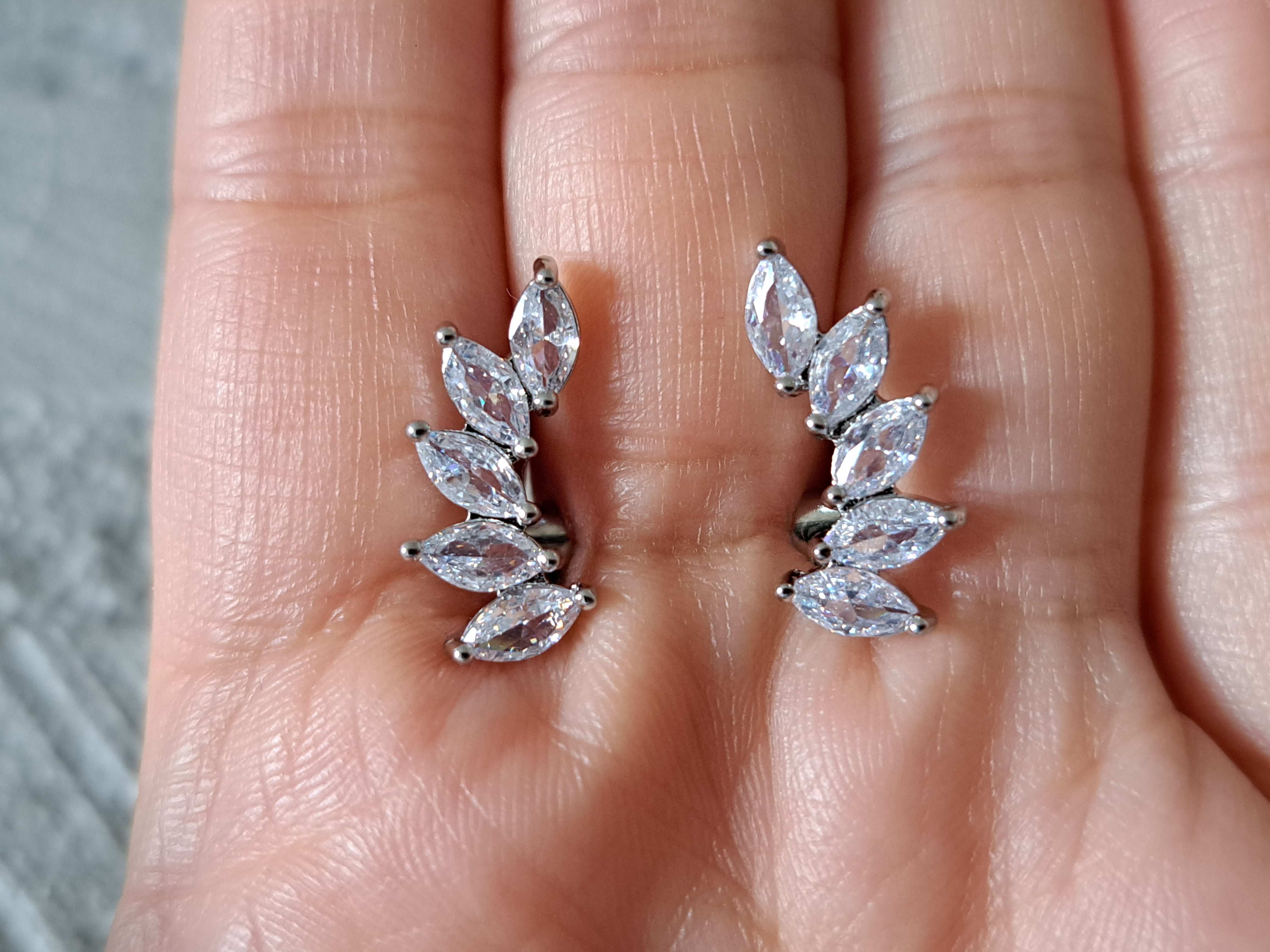 Silver Leaf Climber Swarovski Crystal Stud Earrings