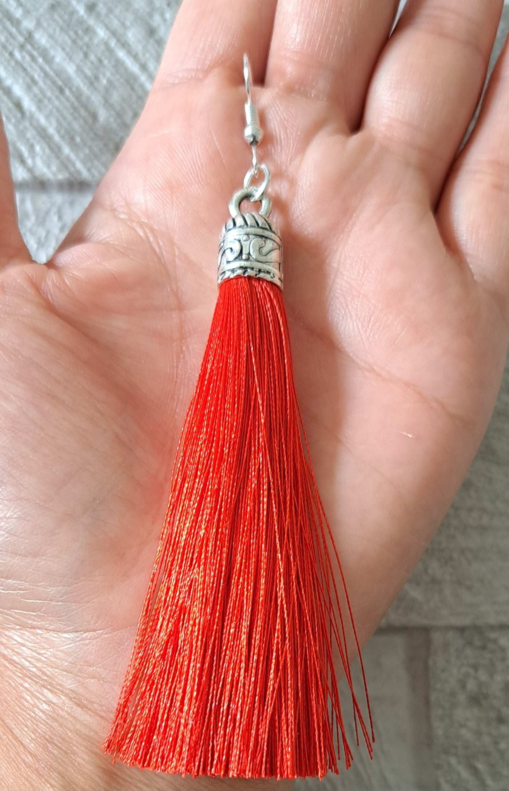 Red Silver Silk Tassel Long Drop Earrings