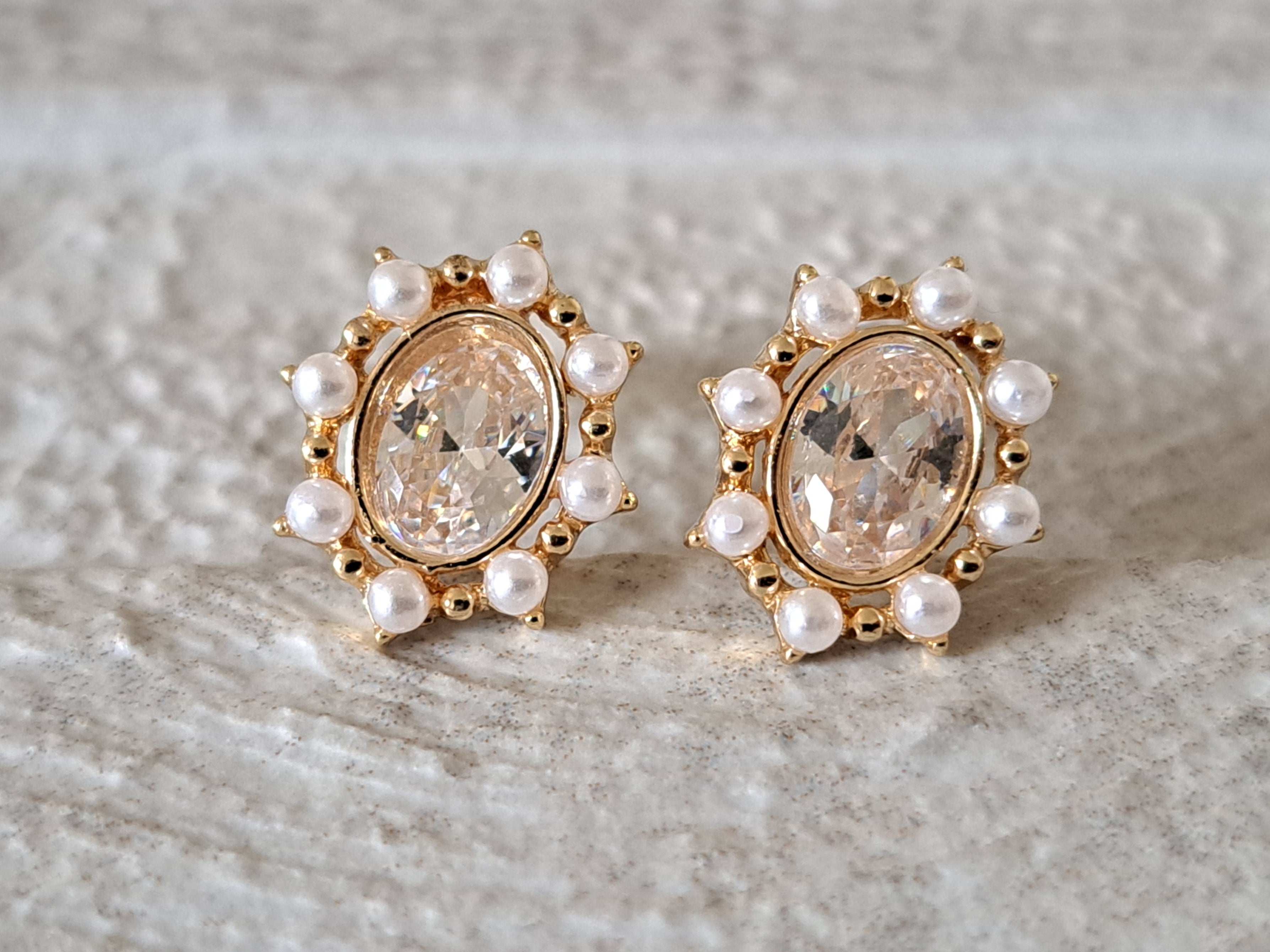 Gold Oval White Pearl Swarovski Crystal Earrings