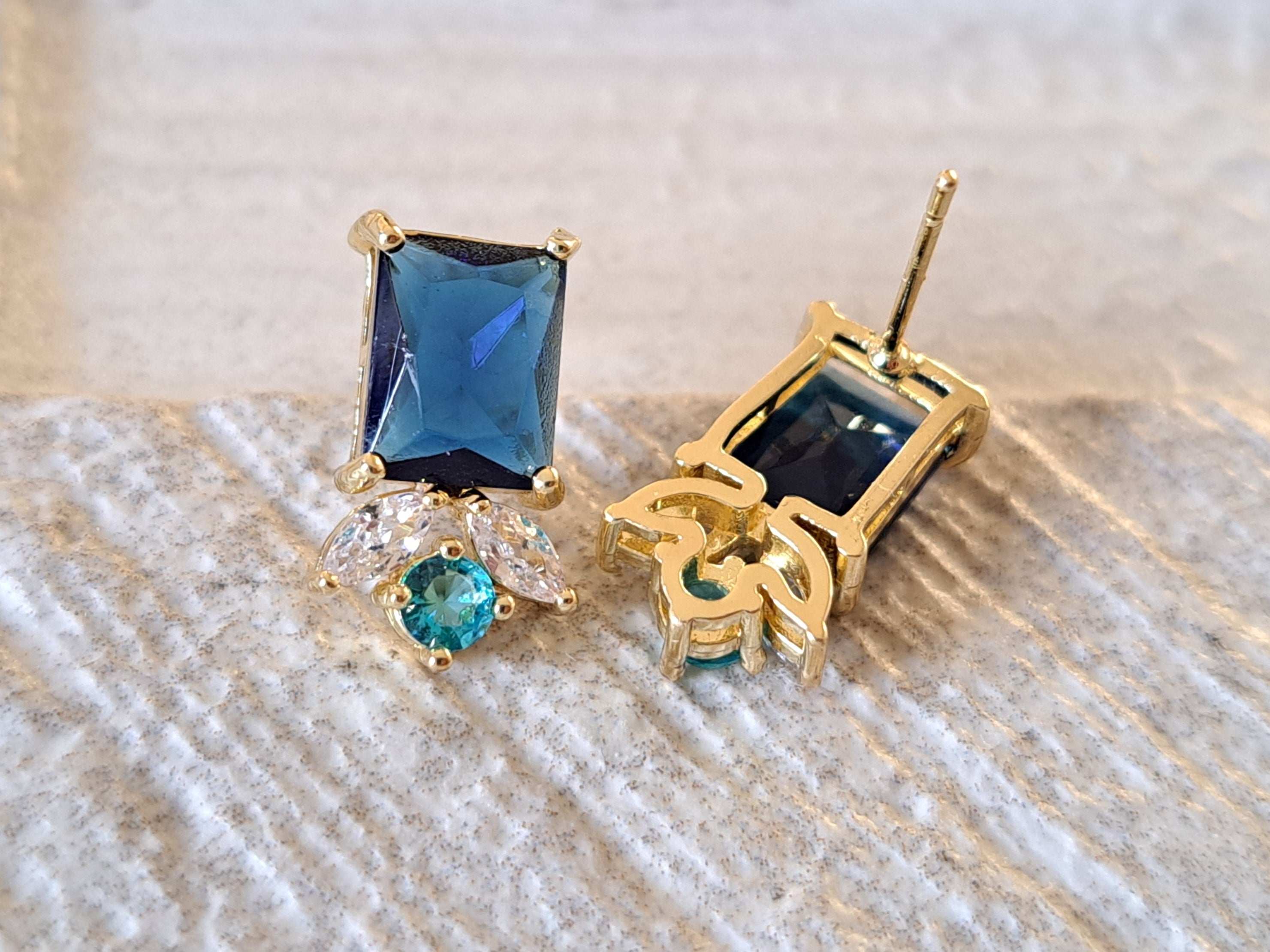 Gold Rectangle Aqua Blue Swarovski Crystal Earrings