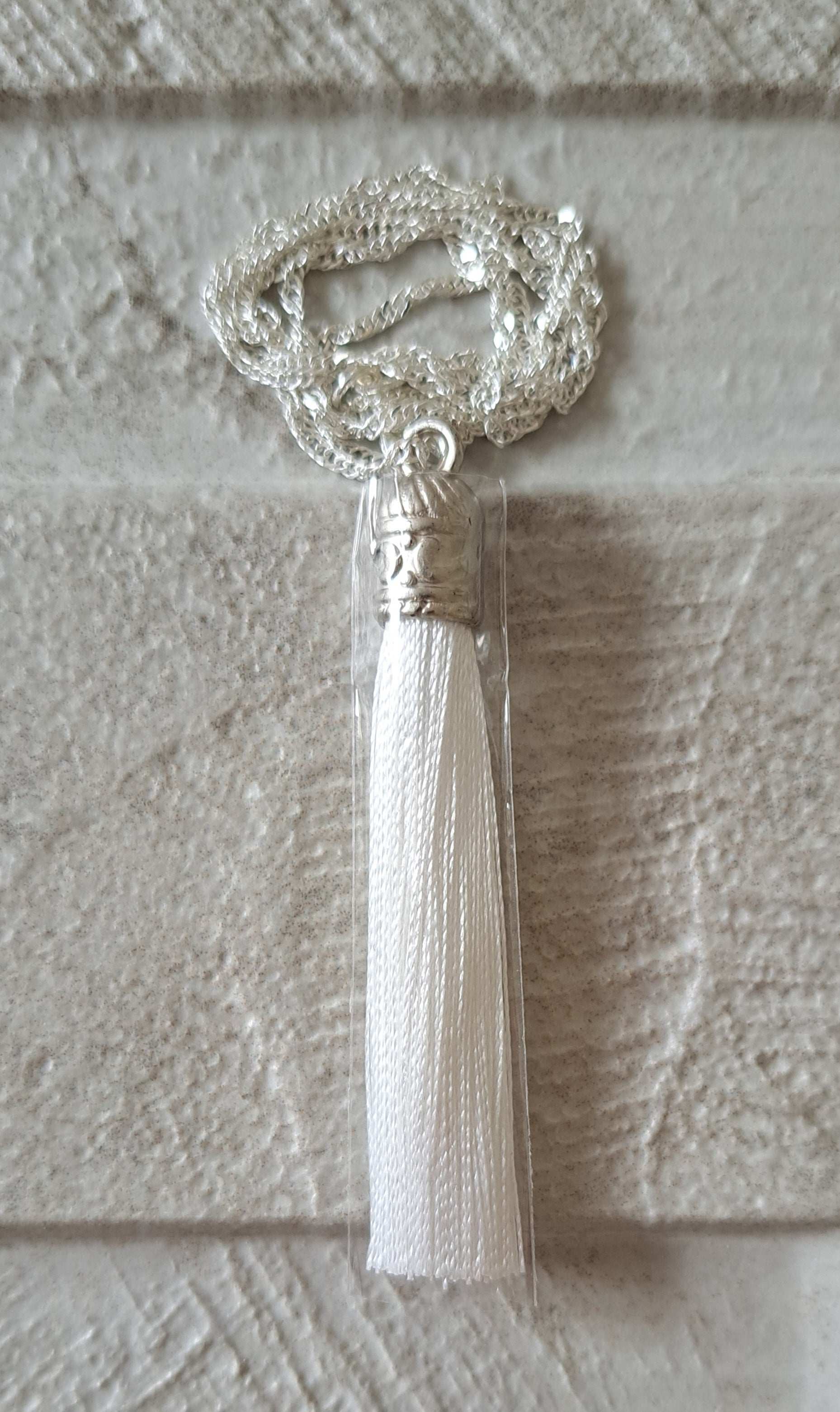 White Silver Silk Tassel Long Drop Necklace