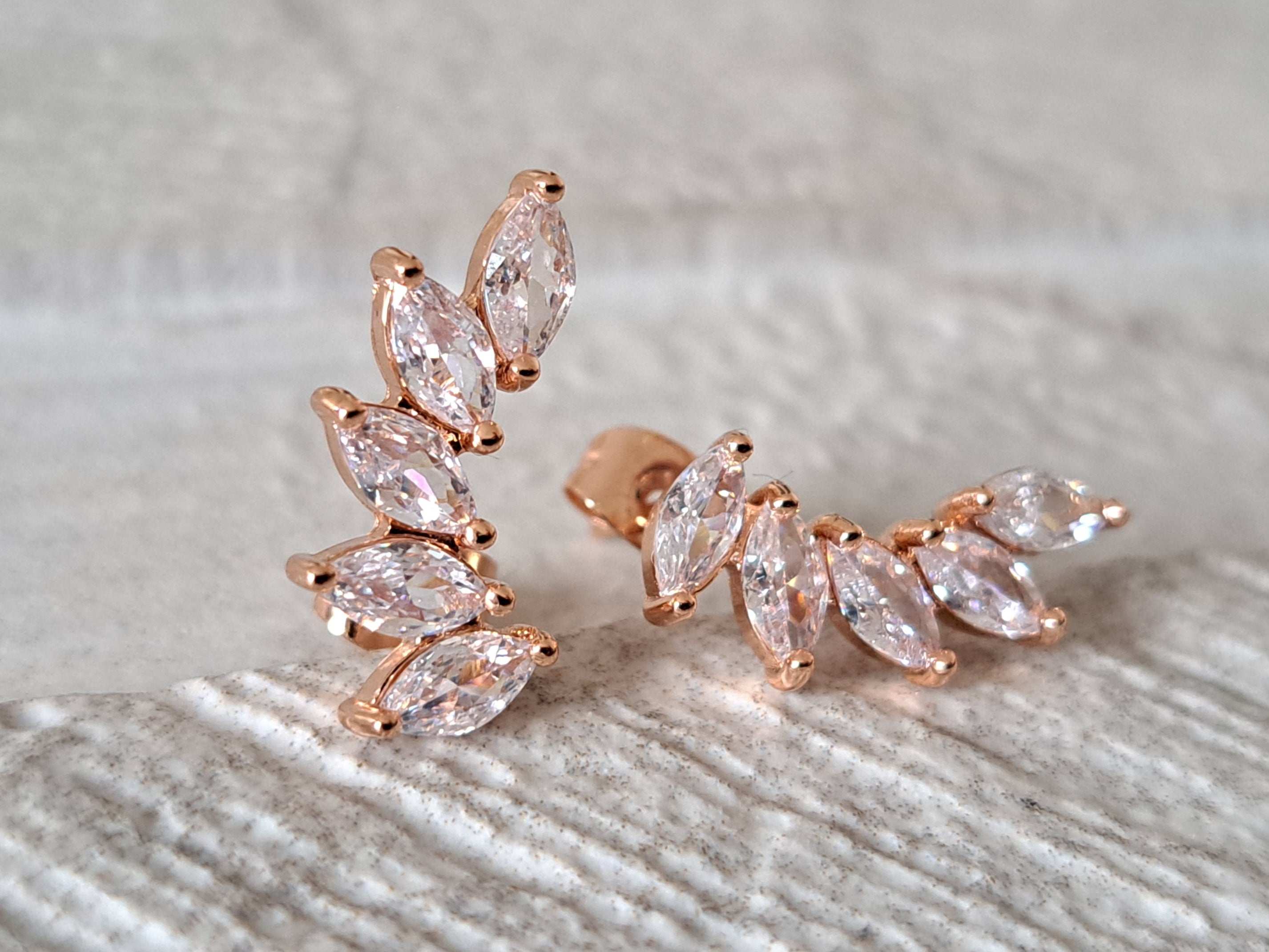 Rose Gold Leaf Climber Swarovski Crystal Stud Earrings