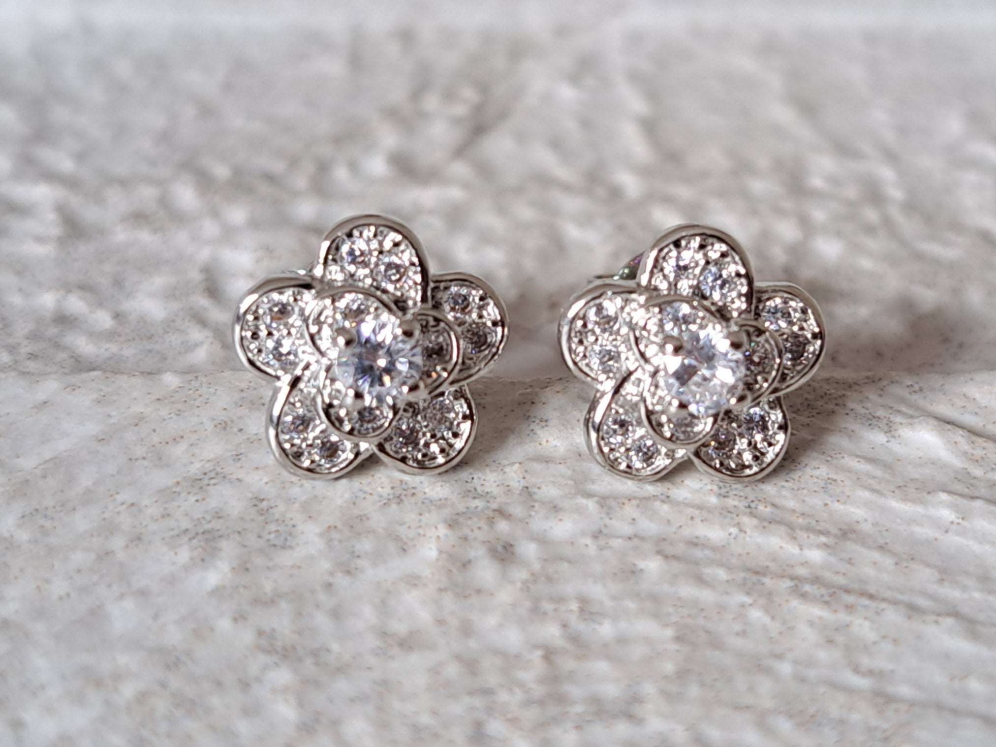 Silver Layered Rose Flower Swarovski Crystal Stud Earrings