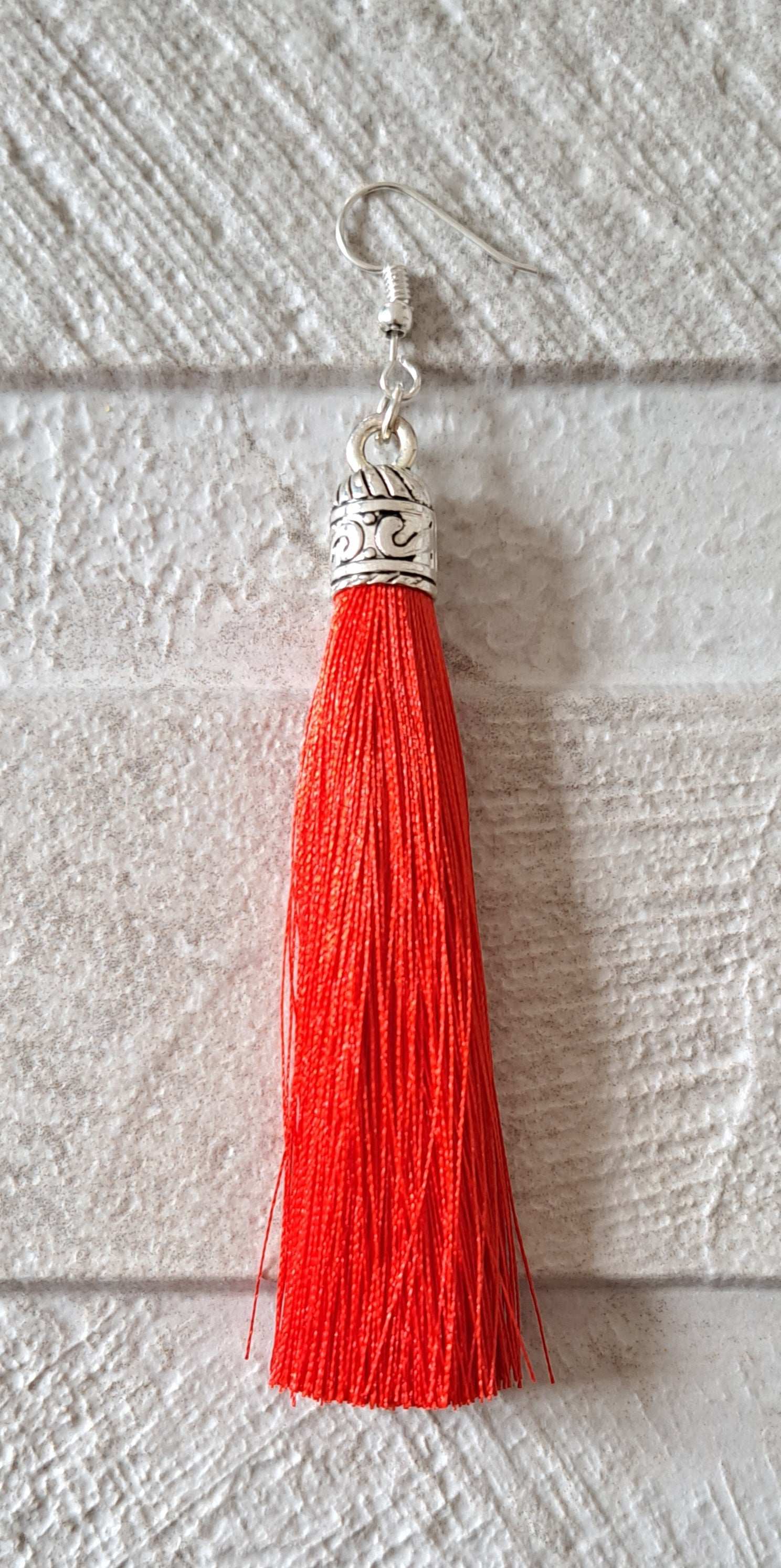 Red Silver Silk Tassel Long Drop Earrings