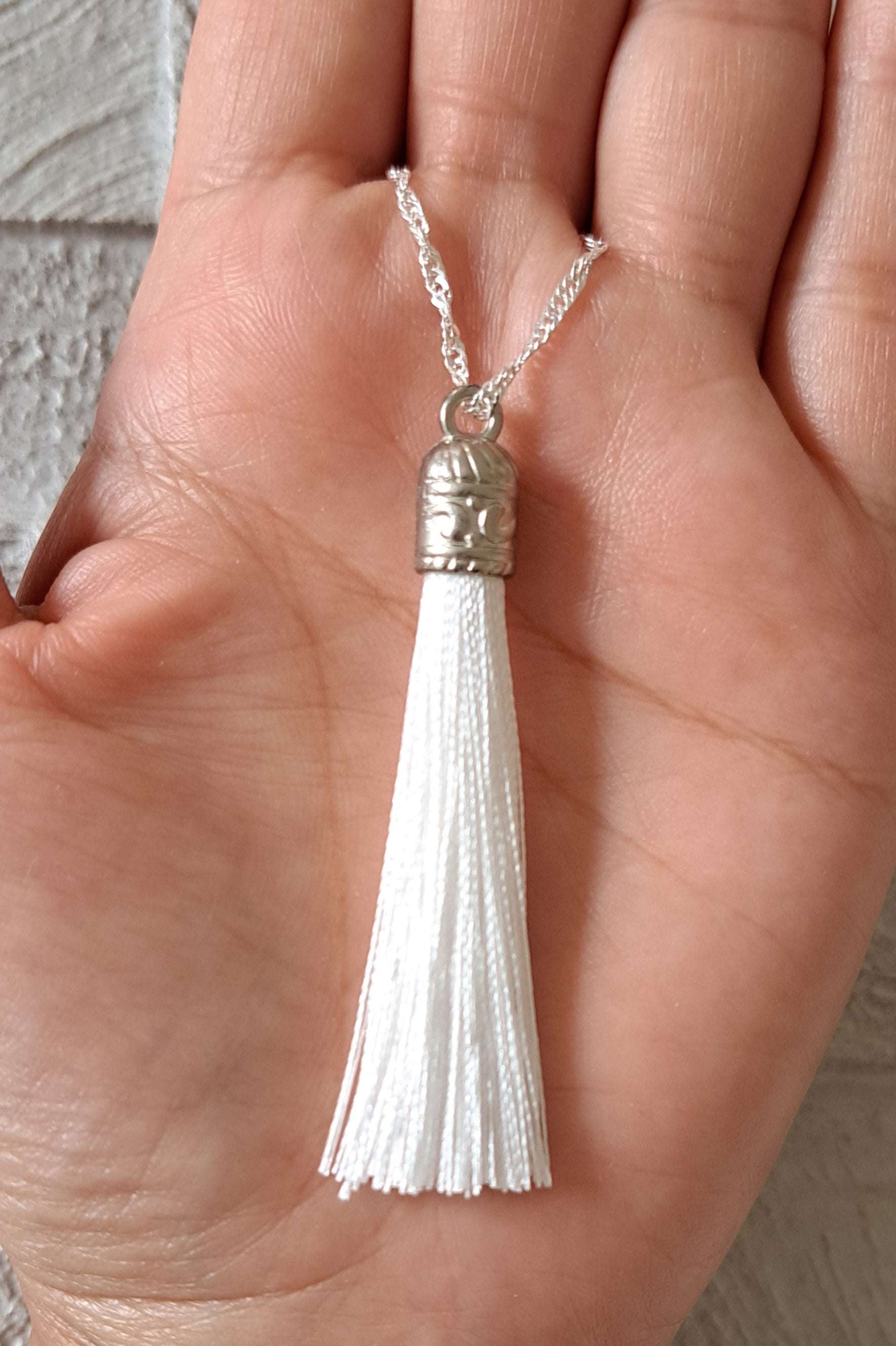 White Silver Silk Tassel Long Drop Necklace