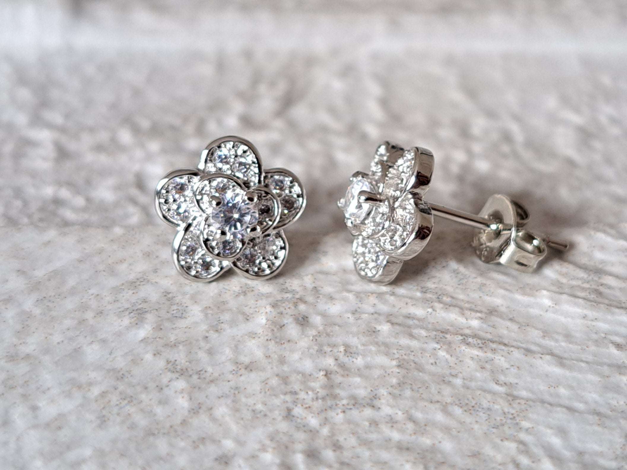 Silver Layered Rose Flower Swarovski Crystal Stud Earrings