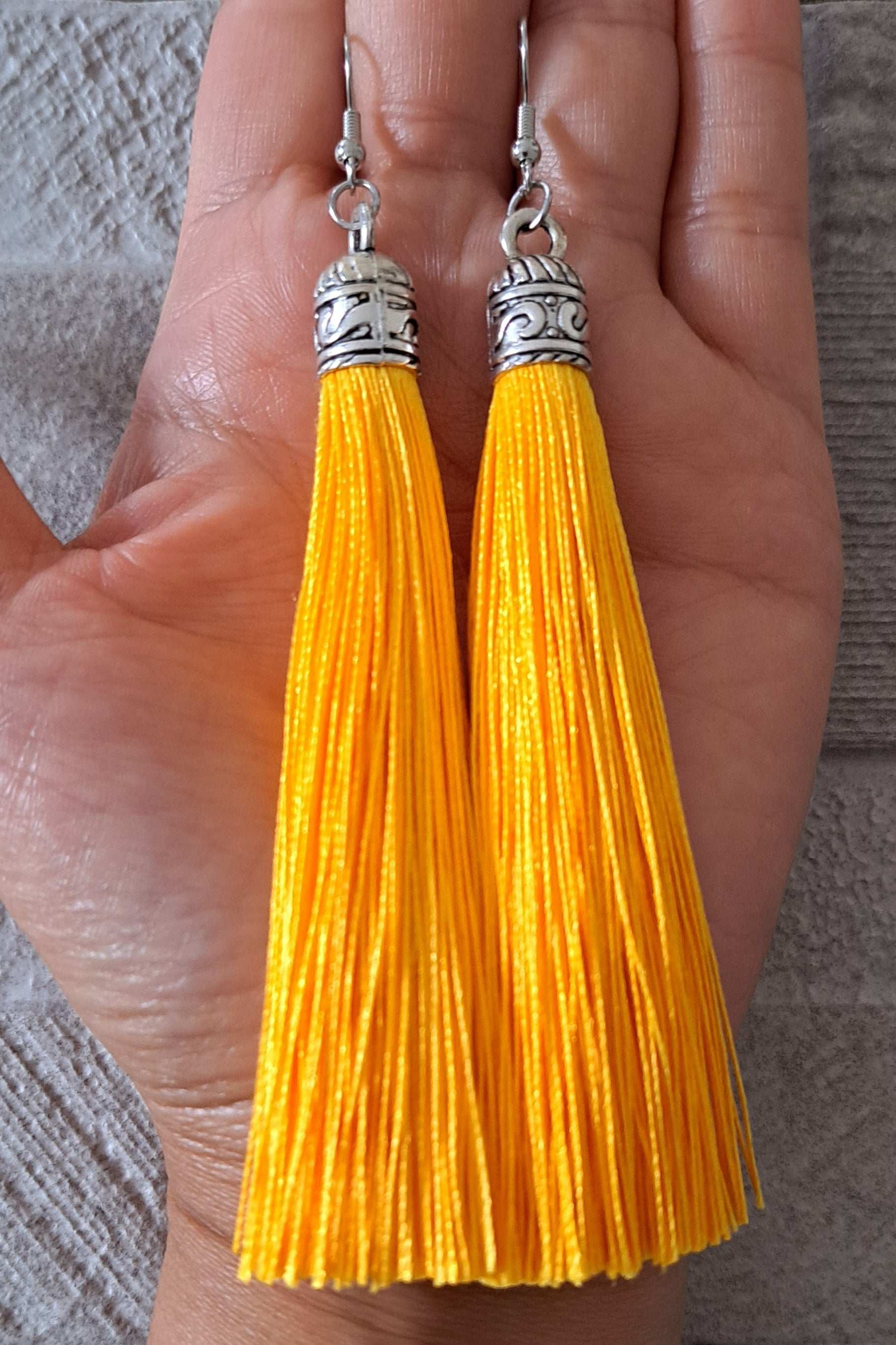 Yellow Silver Silk Tassel Long Drop Earrings