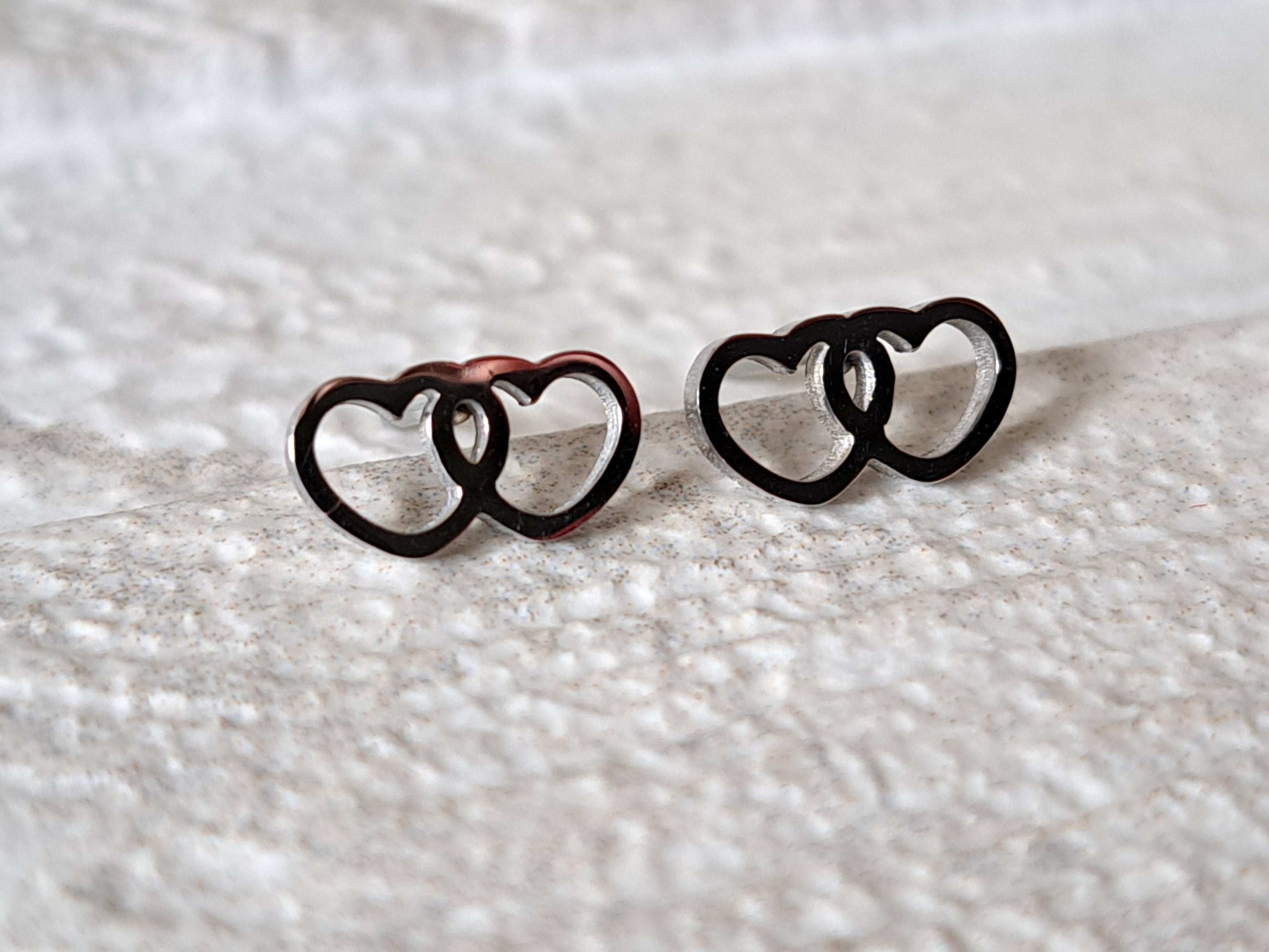 Small Silver Hollow Double Heart Stud Earrings