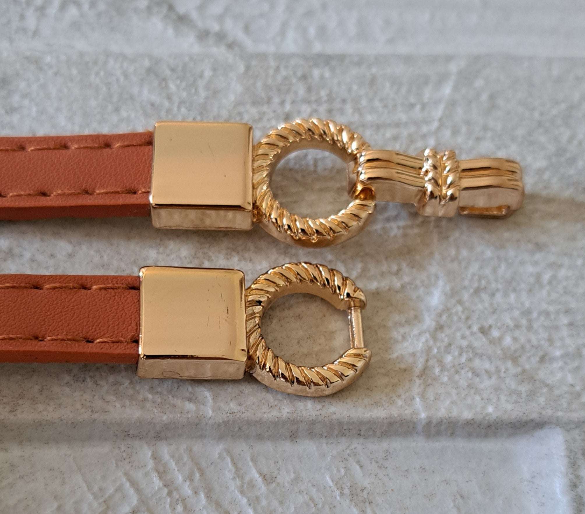 Tan Gold Skinny Double Buckle Stretch Dress Belt