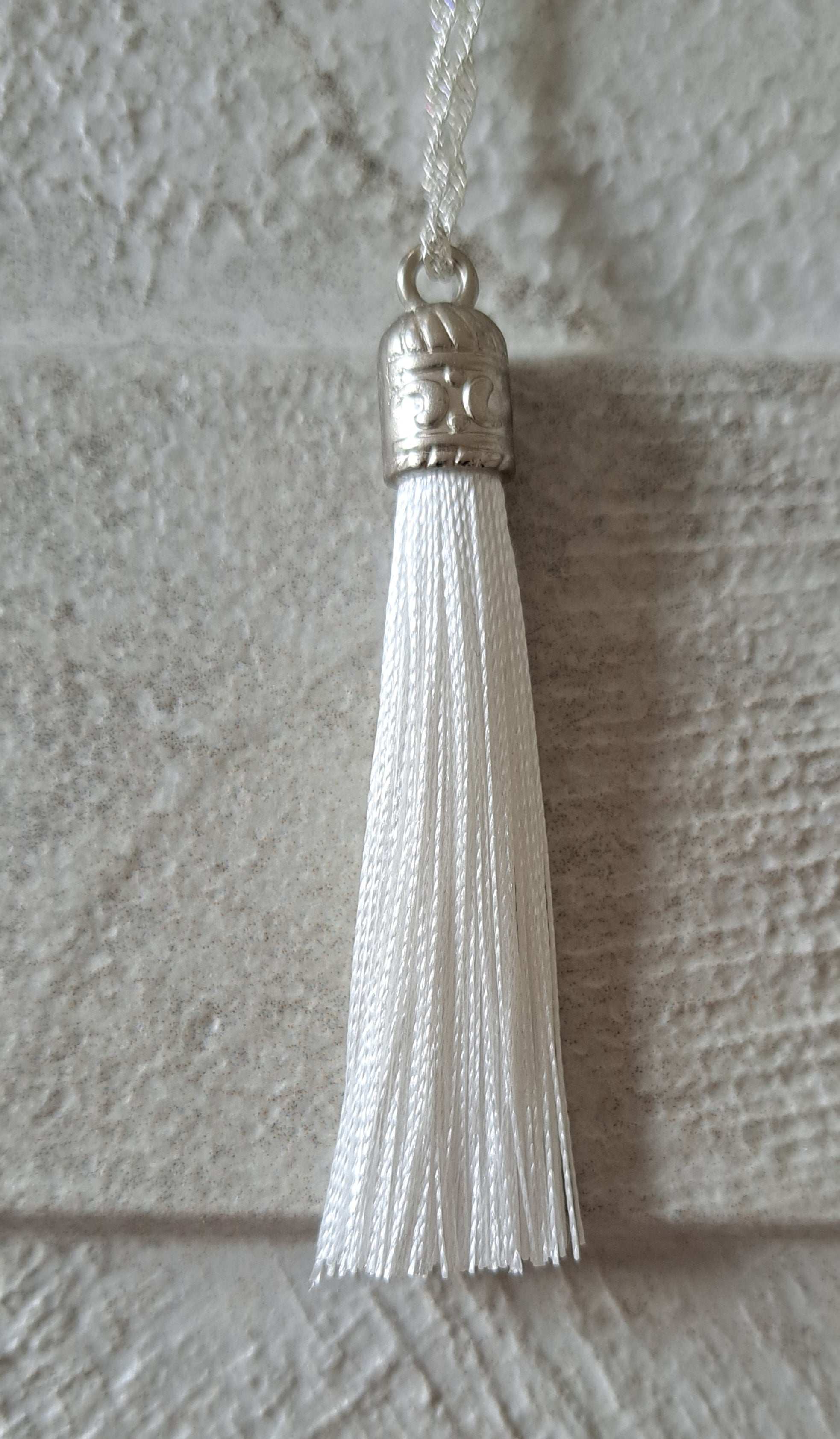 White Silver Silk Tassel Long Drop Necklace
