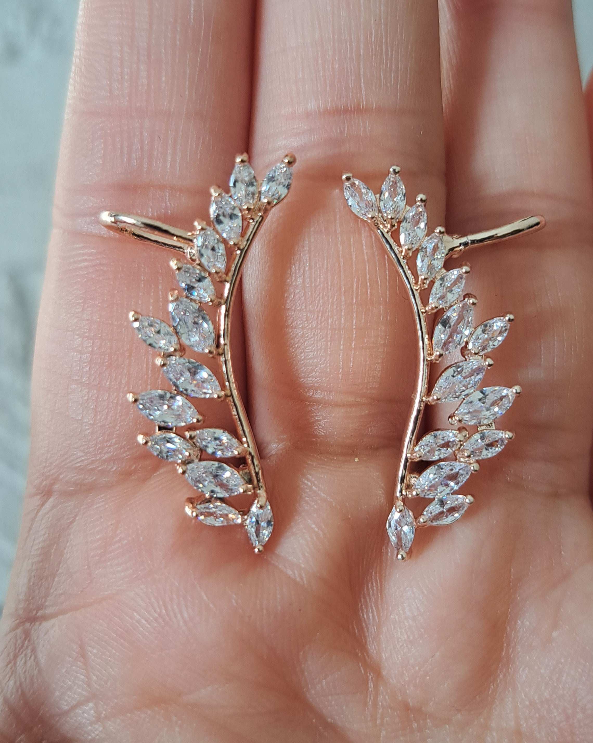 Rose Gold Leaf Swarovski Crystal Wing Climber Earrings