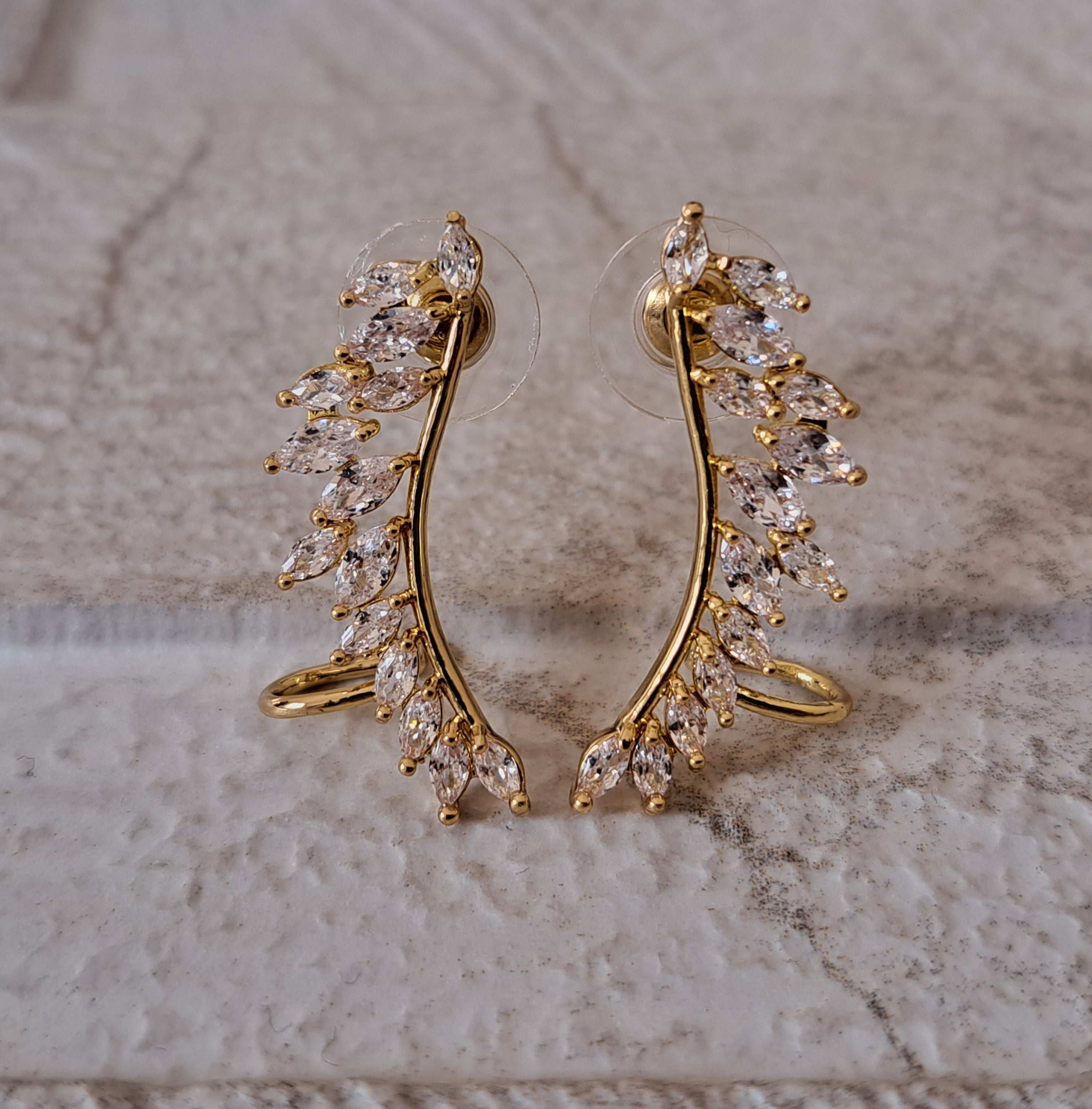 Gold Leaf Swarovski Crystal Wing Climber Earrings