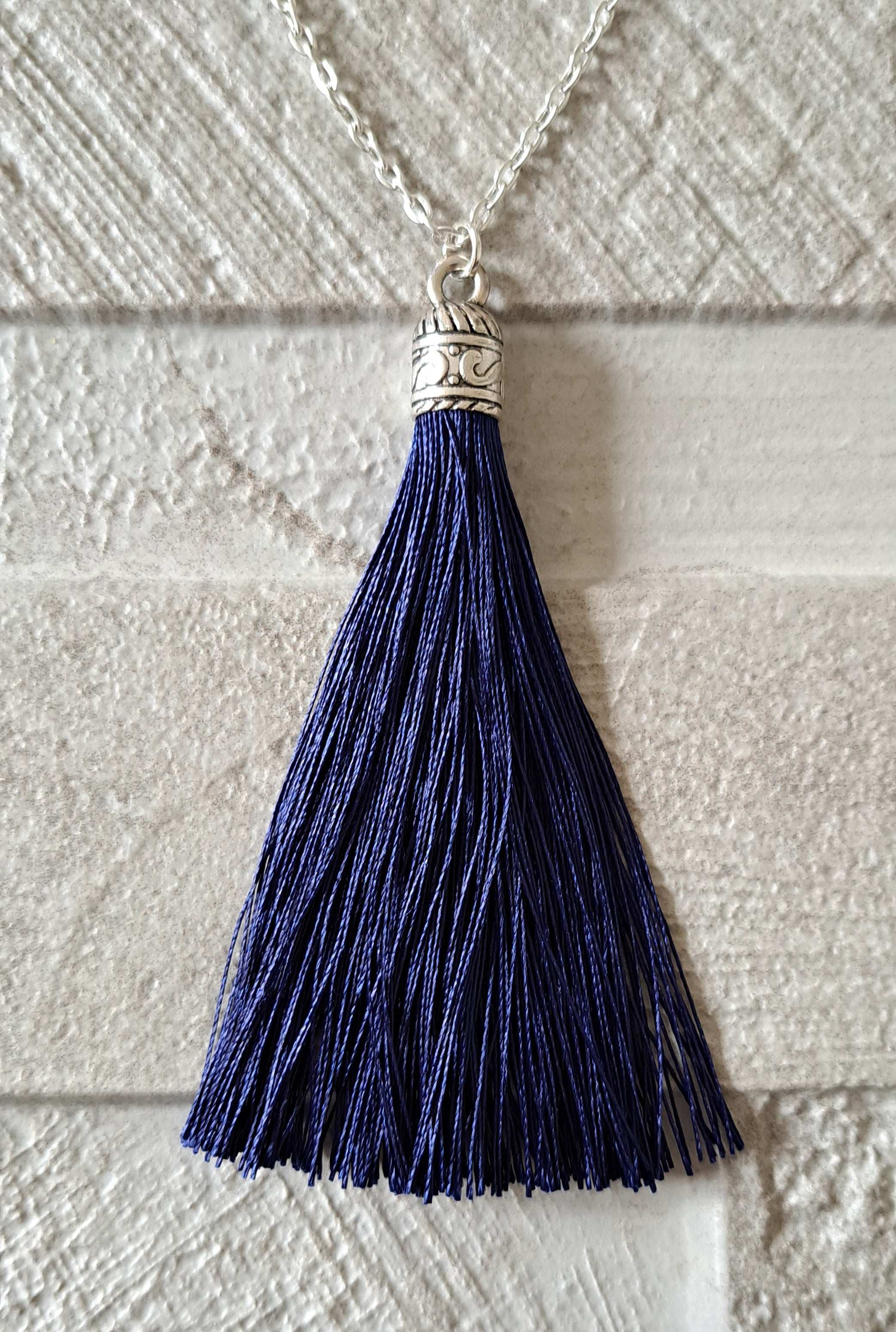 Navy Silver Silk Tassel Long Drop Necklace