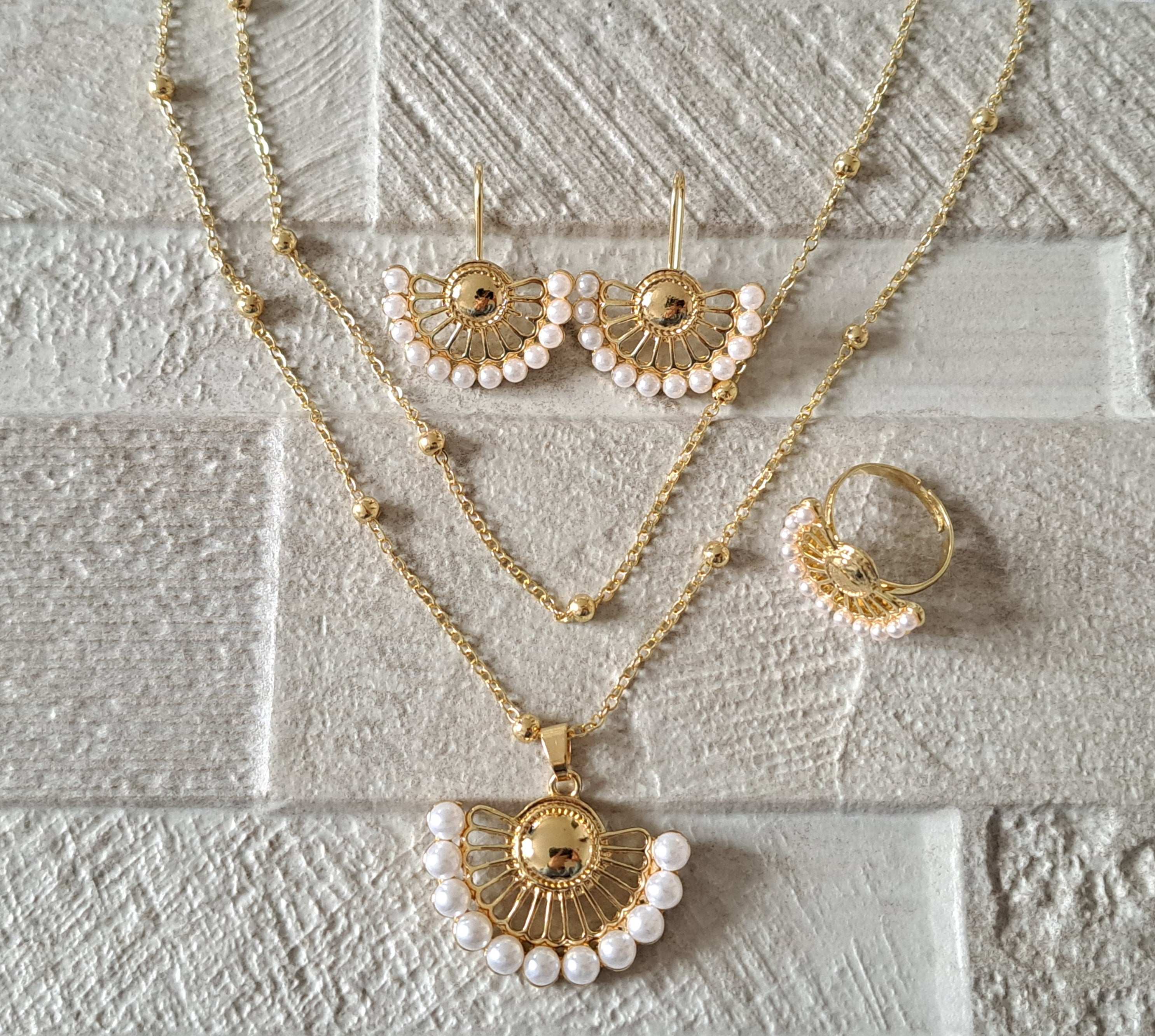 Gold Pearl Choker Necklace Earring Ring Jewellery Set