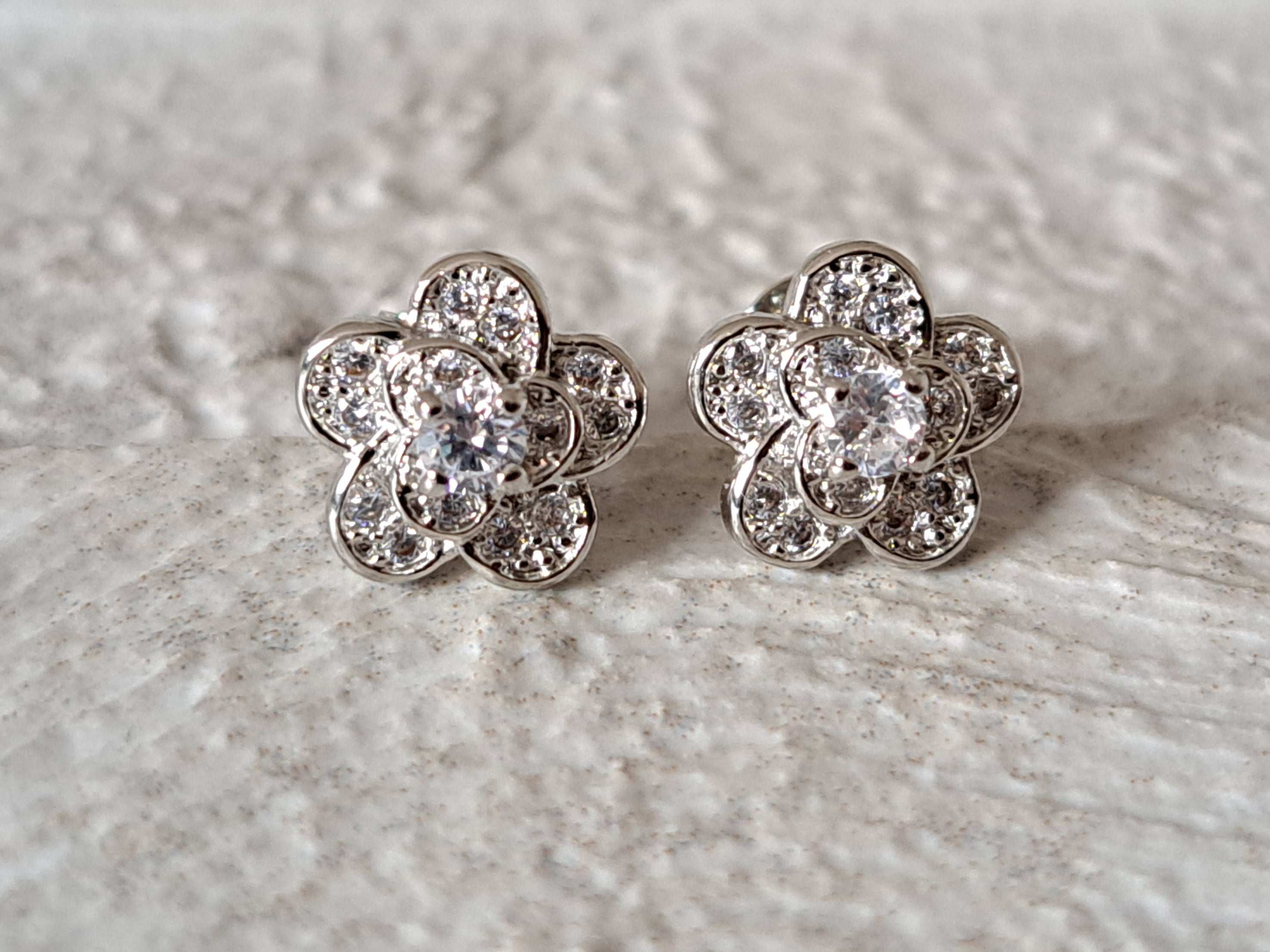 Silver Layered Rose Flower Swarovski Crystal Stud Earrings