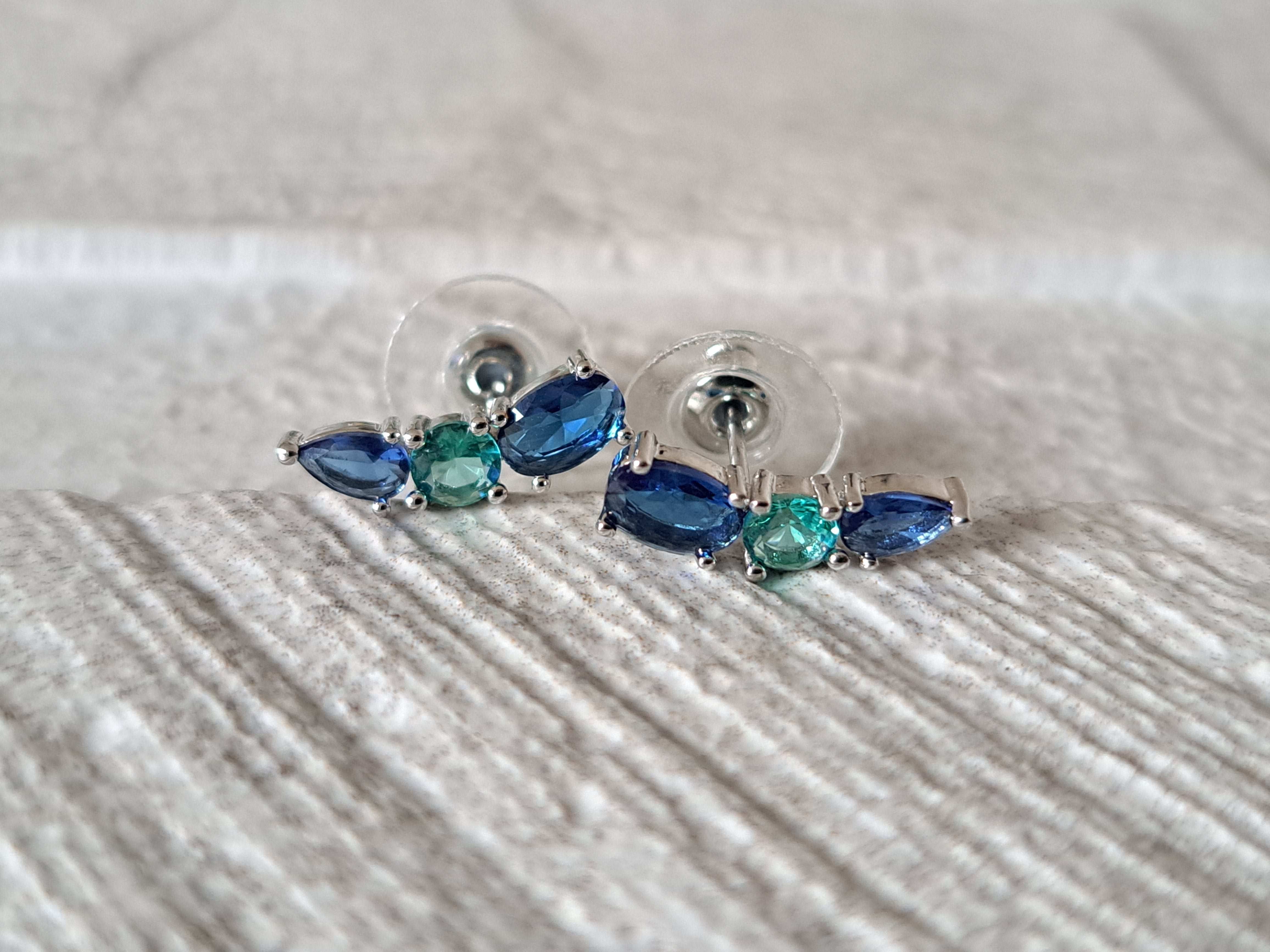 Silver Aqua Blue Swarovski Crystal Wing Leaf Earrings