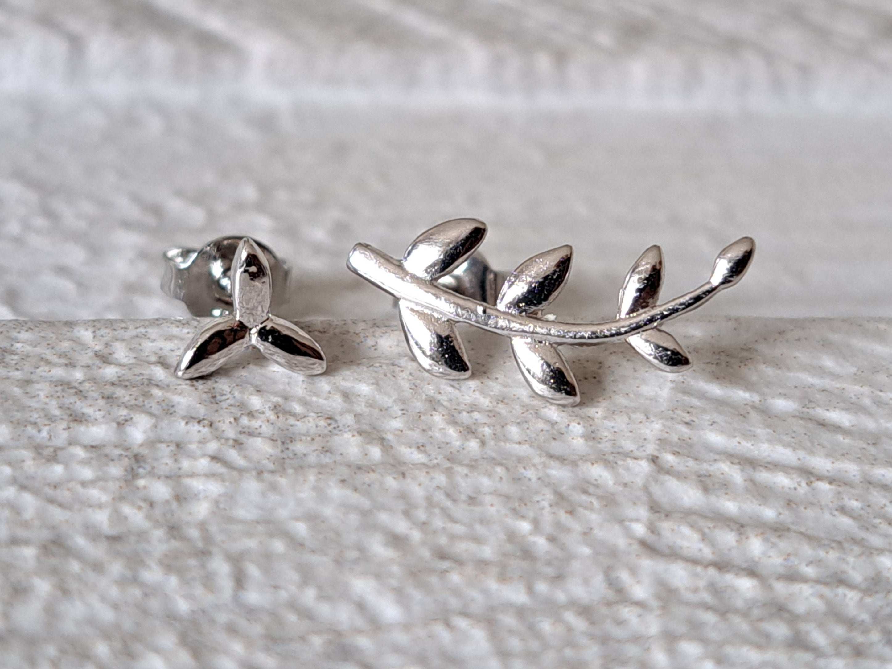 Silver Plated Small Link Leaf Stud and Climber Earrings