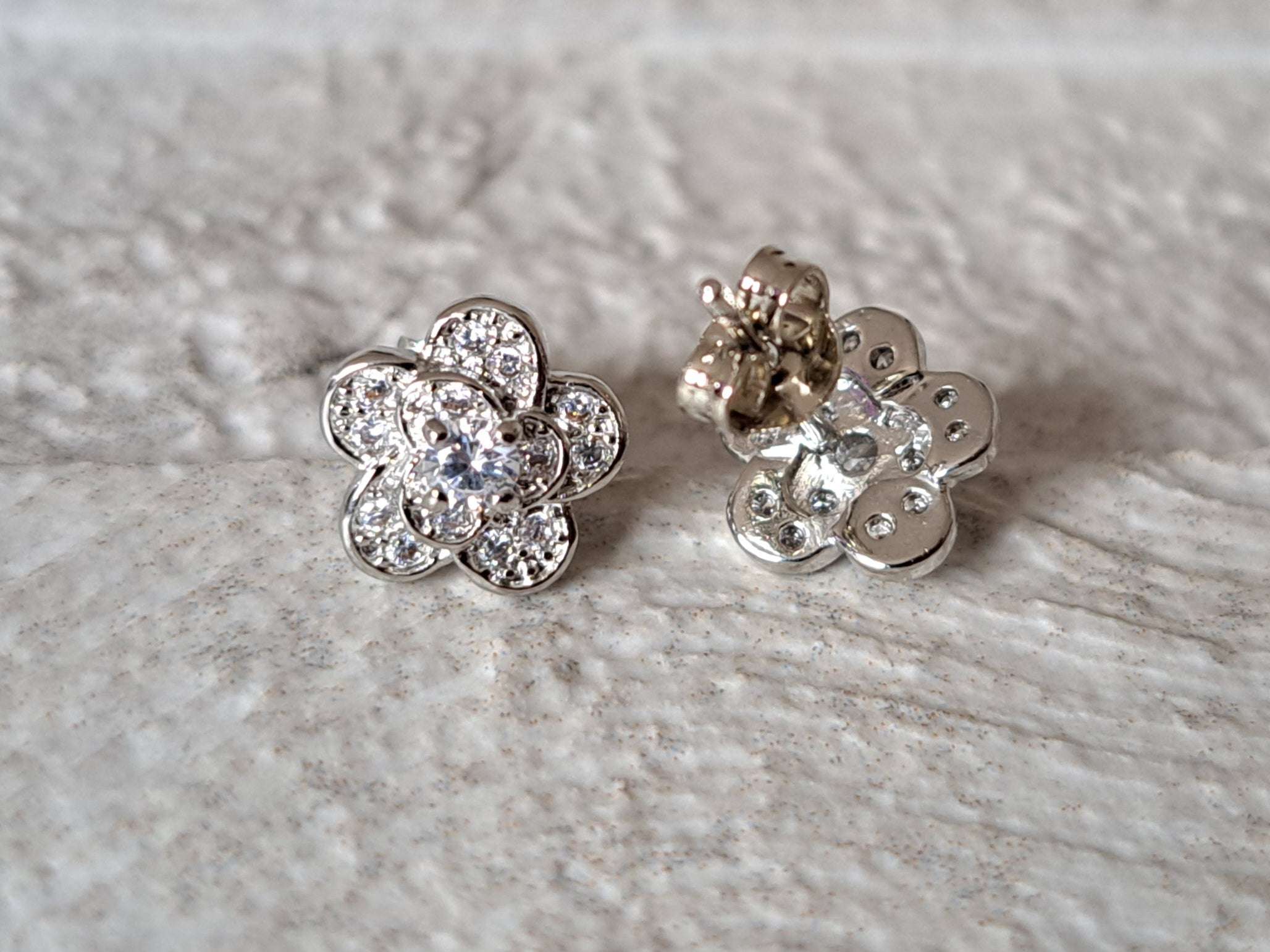 Silver Layered Rose Flower Swarovski Crystal Stud Earrings