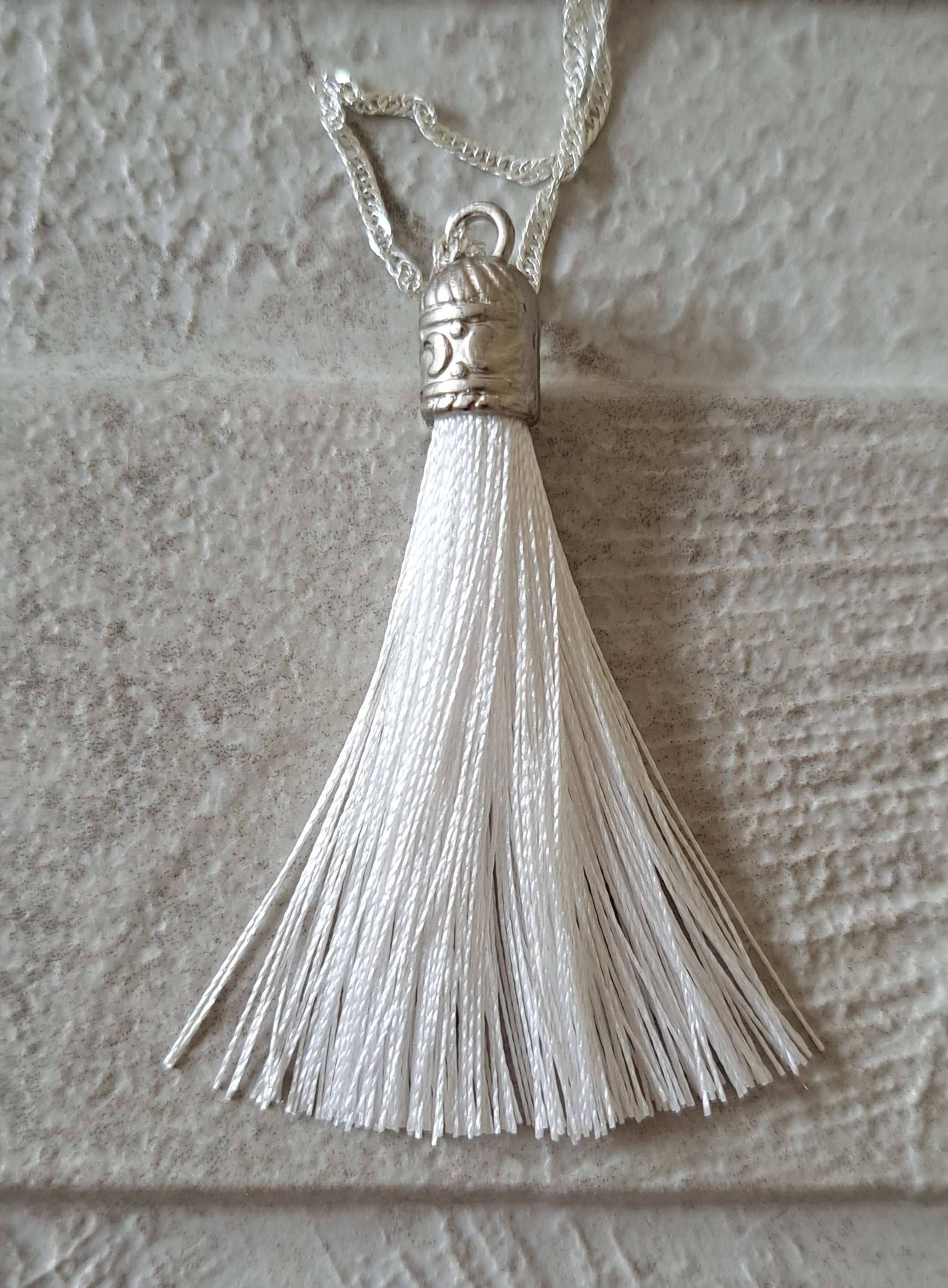 White Silver Silk Tassel Long Drop Necklace