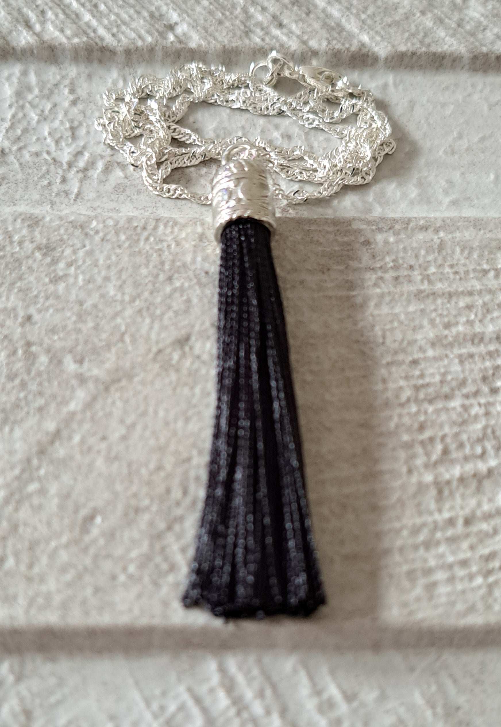 Black Silver Silk Tassel Long Drop Necklace