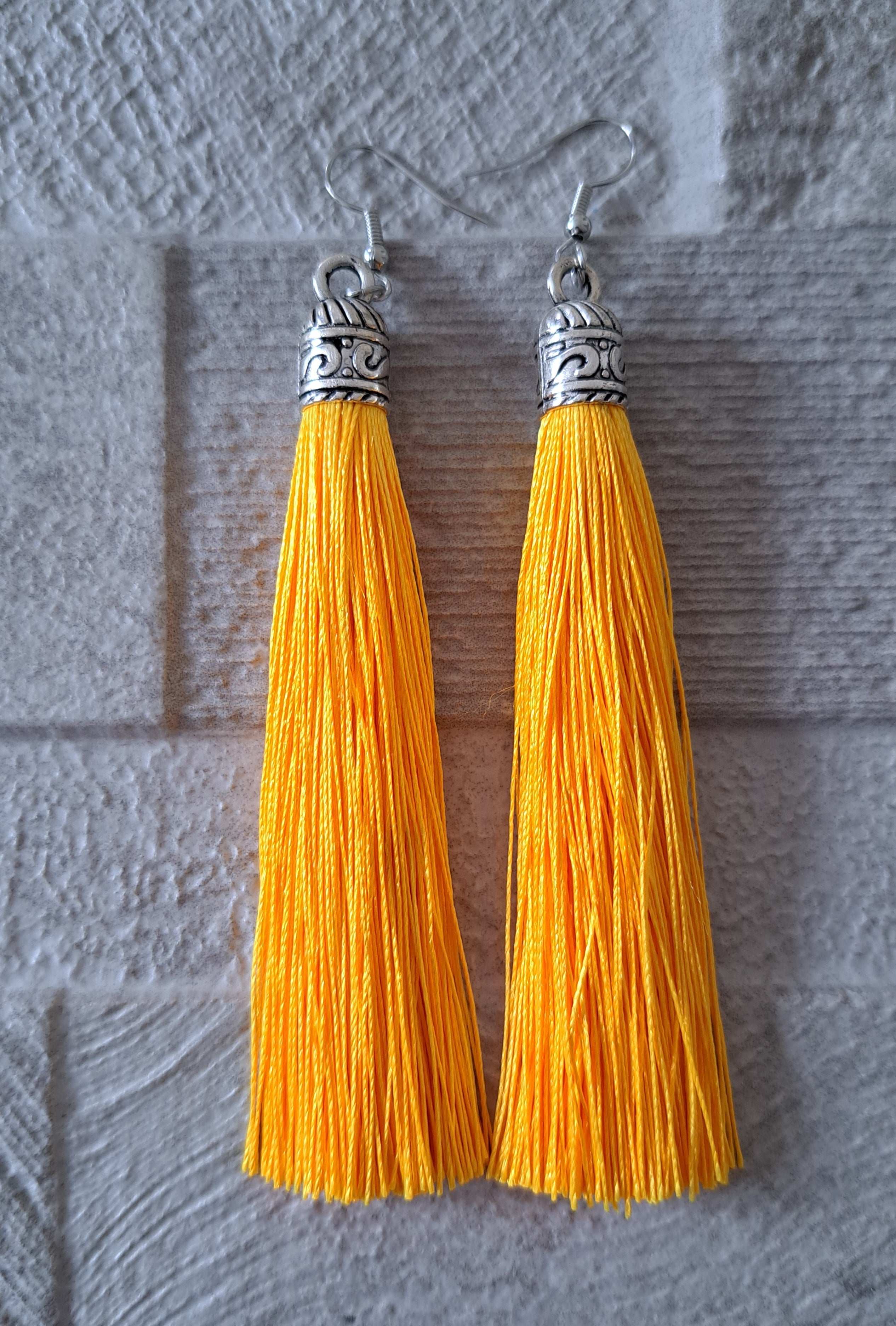 Yellow Silver Silk Tassel Long Drop Earrings