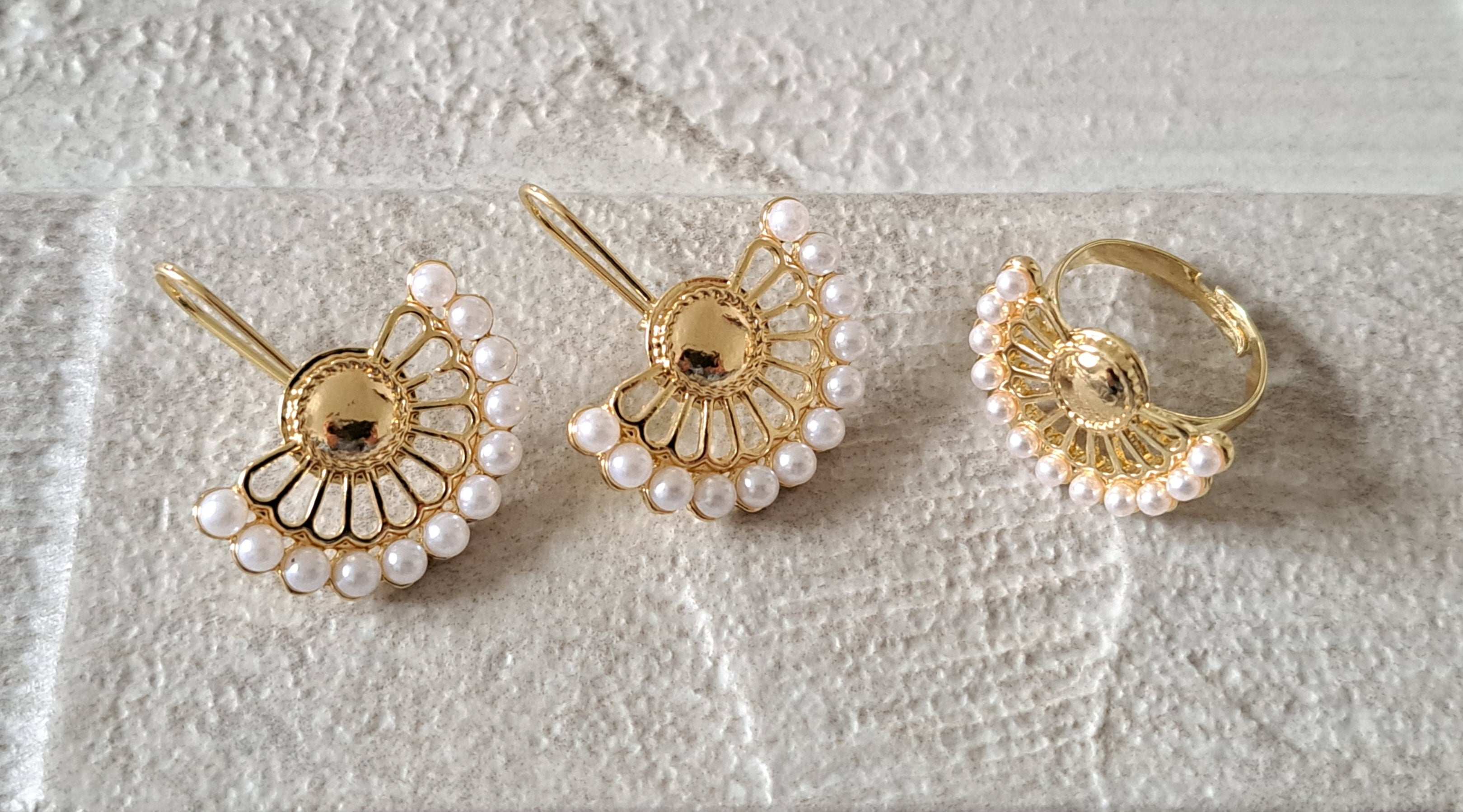 Gold Pearl Choker Necklace Earring Ring Jewellery Set